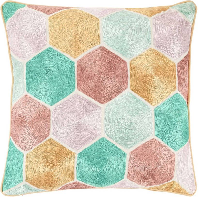 Dutch Decor Hover Sierkussen 45x45 Cm Geborduurd Patroon Zalm Roze Oranje Pasteltinten