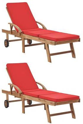 vidaXL Ligbedden met kussens 2 st massief teakhout rood