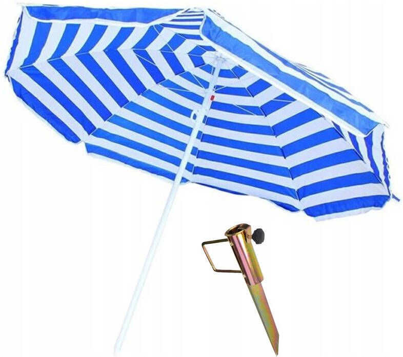 Merkloos Blauw/wit gestreepte strand/camping parasol 165 cm met grondpen/haring