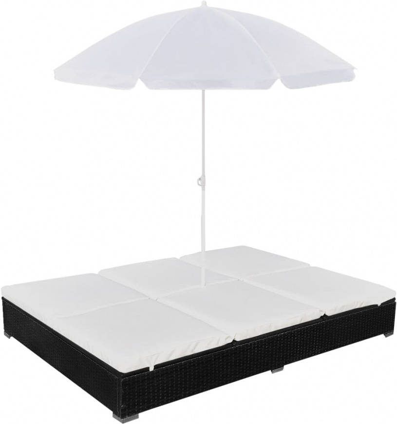 VIDAXL Loungebed met parasol poly rattan zwart