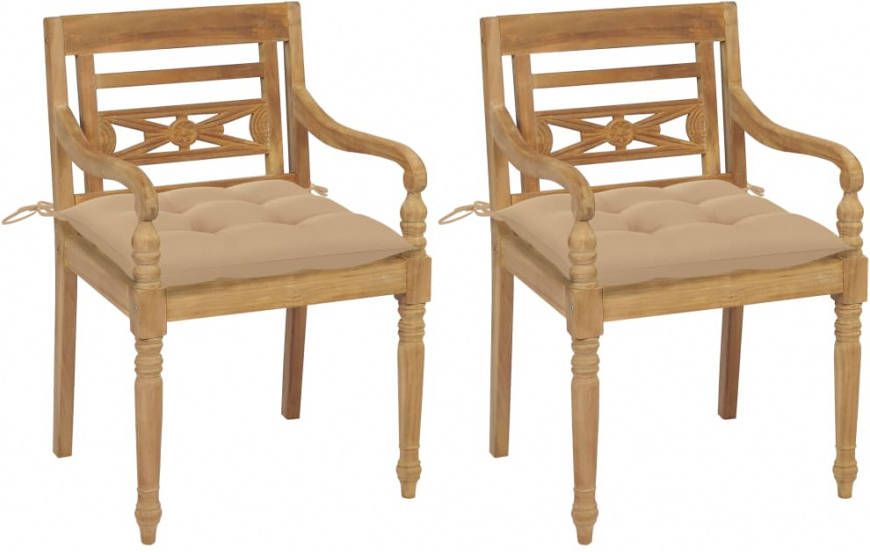 vidaXL Stoelen Batavia 2 st met beige kussens massief teakhout