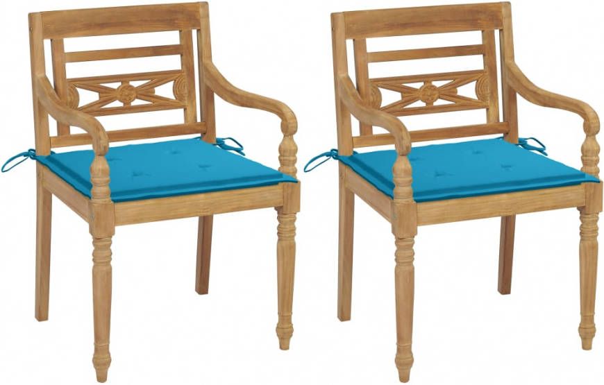 vidaXL Stoelen Batavia 2 st met blauwe kussens massief teakhout