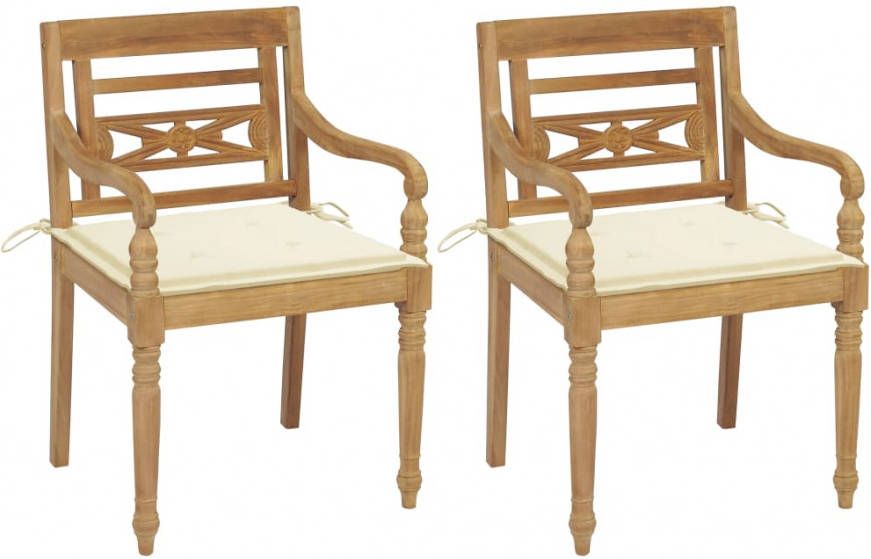 VIDAXL Stoelen Batavia 2 st met crè, mekleurige kussens massief teakhout