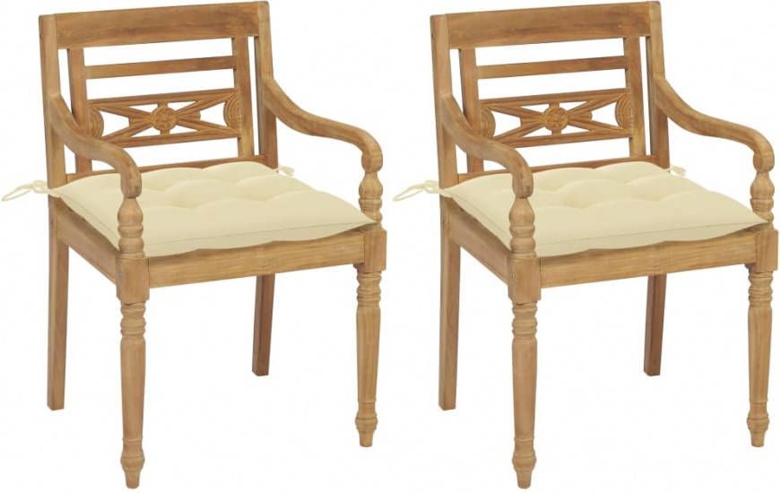 VIDAXL Stoelen Batavia 2 st met crè, mewitte kussens massief teakhout