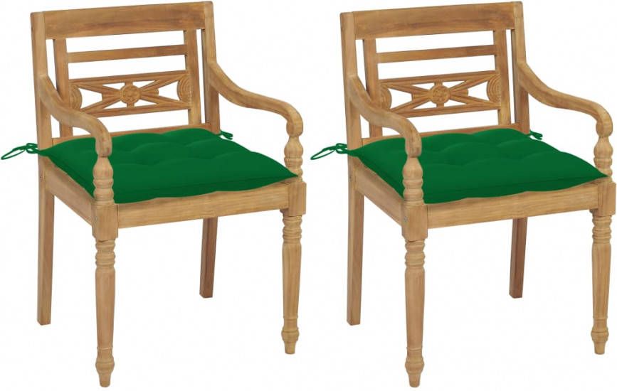 vidaXL Stoelen Batavia 2 st met groene kussens massief teakhout