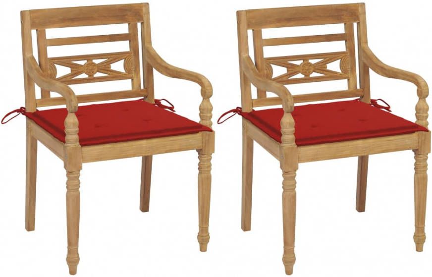 vidaXL Stoelen Batavia 2 st met rode kussens massief teakhout